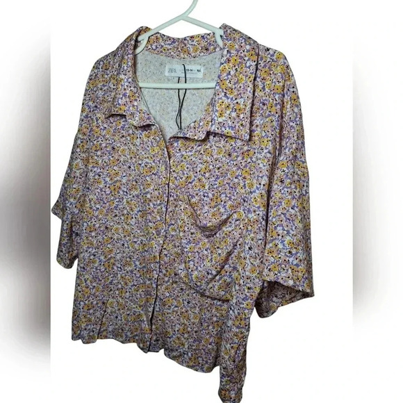 Zara Short Sleeve Crop Button Down Floral Top Purple White Size 13-14 years - Picture 5 of 12
